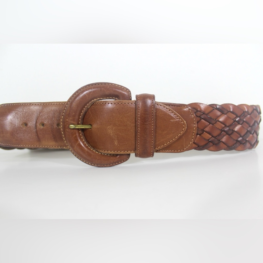Wide Cognac Brown Woven Braided British Tan Leather Belt Self Covered Buckle